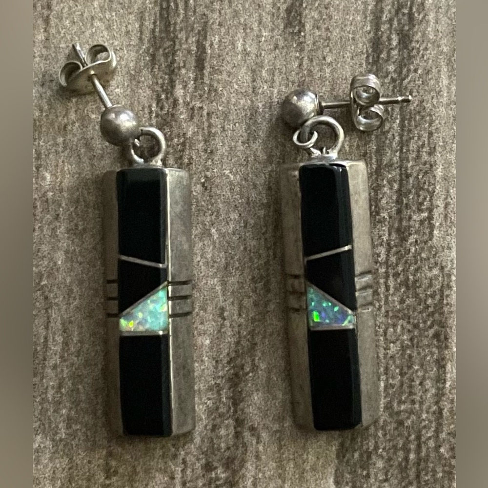 Vintage Sterling Silver, Black Onyx and Opal earrings